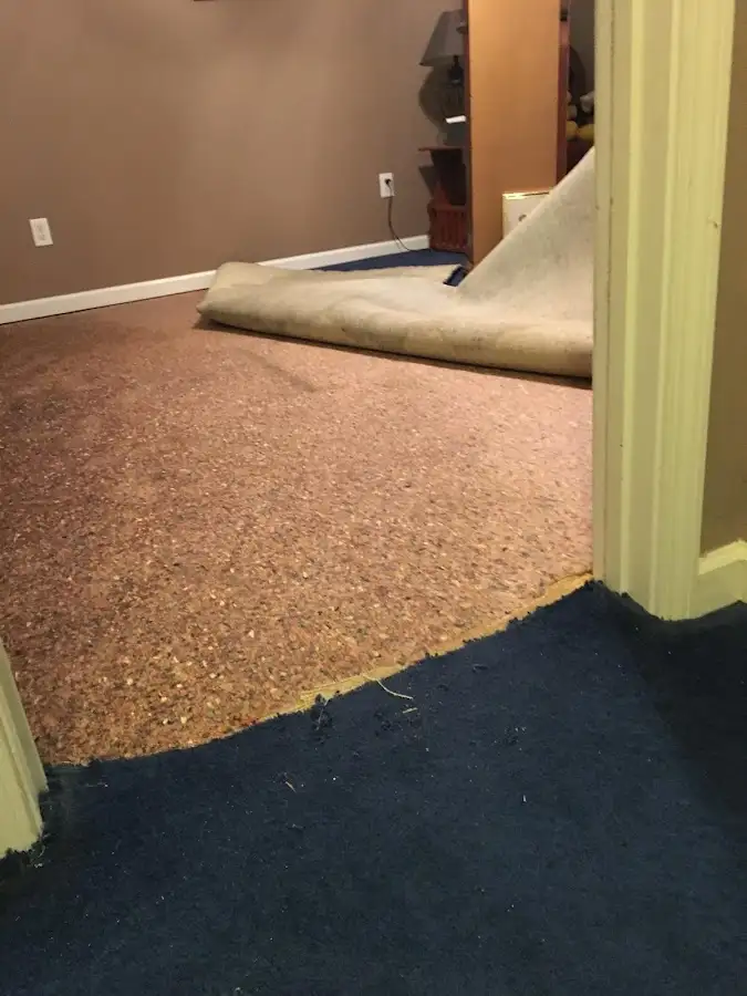Carpet pad removal revealing water damage during Drying & Dehumidification in Denison