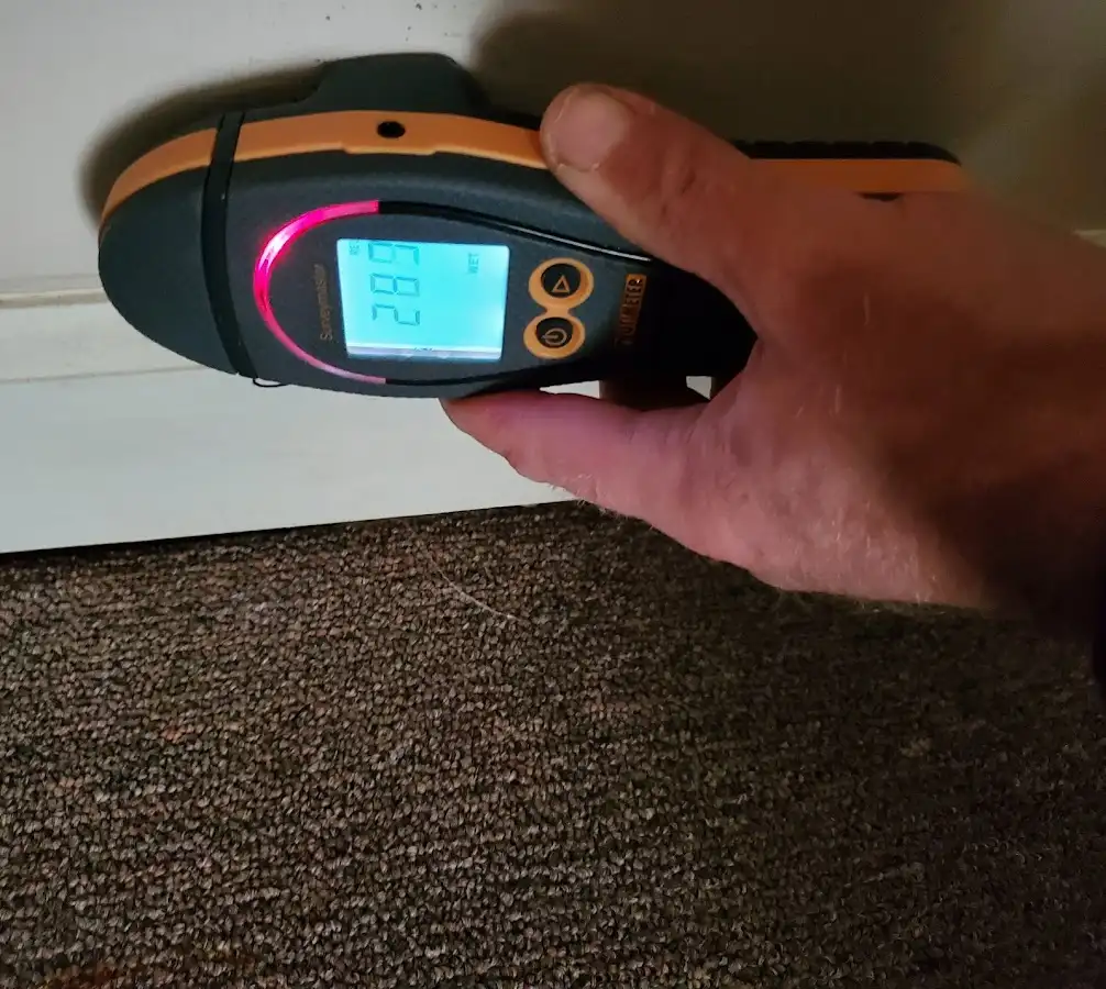 Moisture detection at baseboard during Burst Pipe Cleanup in Denison